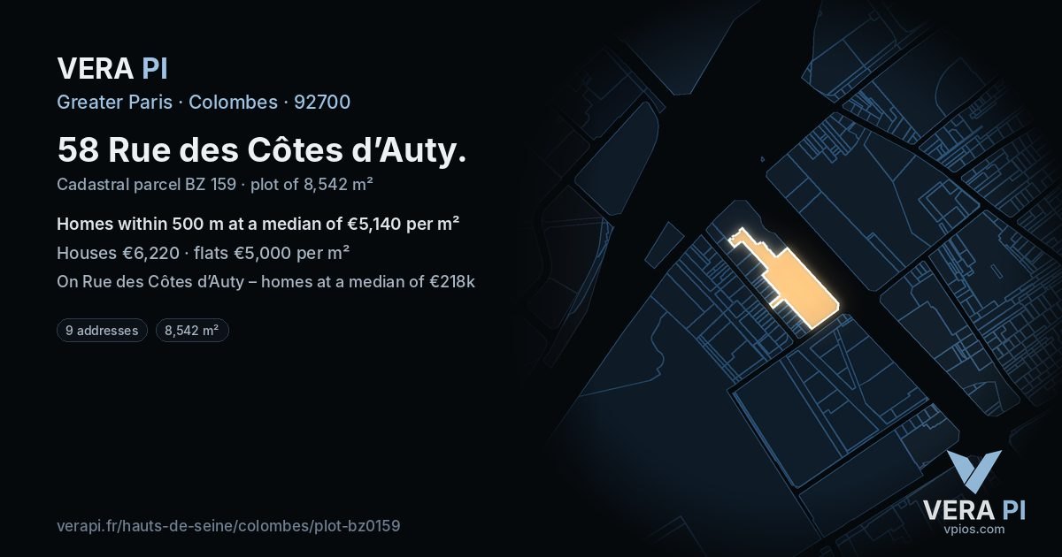 58 Rue des Côtes d’Auty, Colombes at night – the plot lit, the parcels around coloured by the prices near them