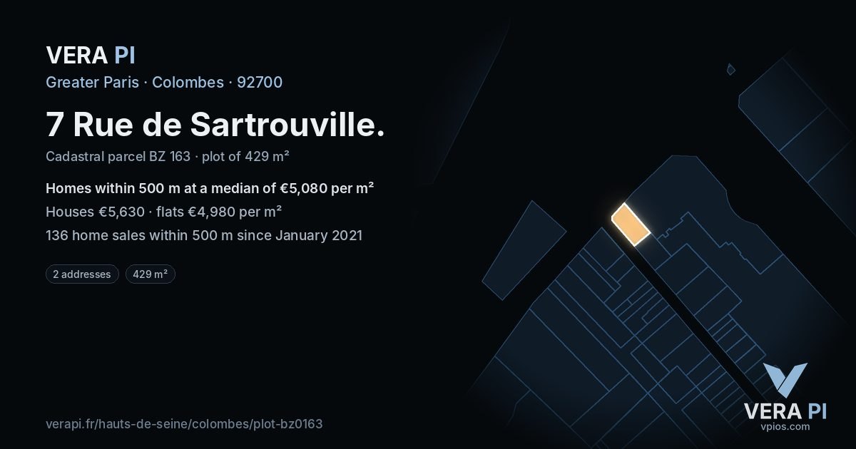 7 Rue de Sartrouville, Colombes at night – the plot lit, the parcels around coloured by the prices near them