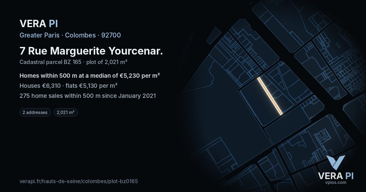 7 Rue Marguerite Yourcenar, Colombes at night – the plot lit, the parcels around coloured by the prices near them