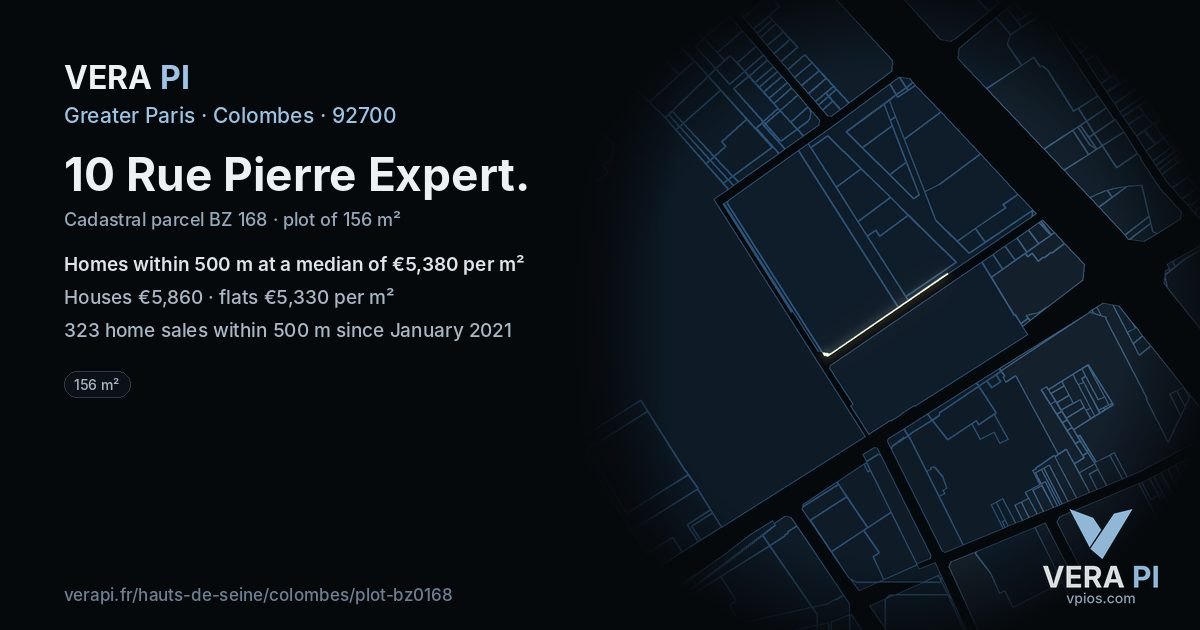 10 Rue Pierre Expert, Colombes at night – the plot lit, the parcels around coloured by the prices near them