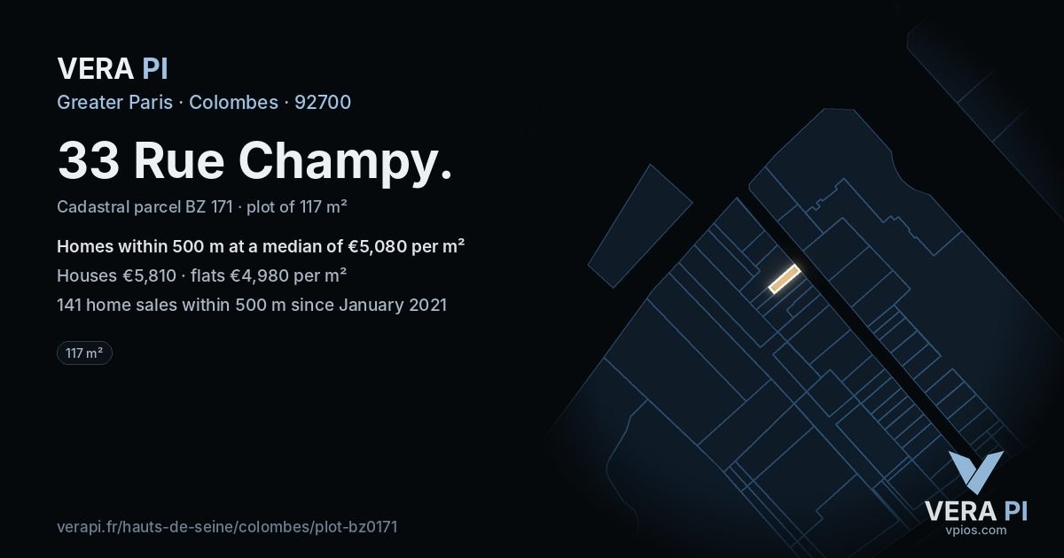 33 Rue Champy, Colombes at night – the plot lit, the parcels around coloured by the prices near them