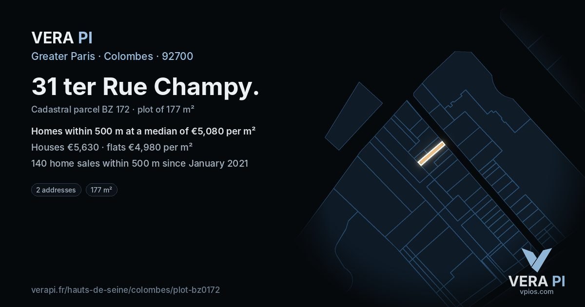 31 ter Rue Champy, Colombes at night – the plot lit, the parcels around coloured by the prices near them