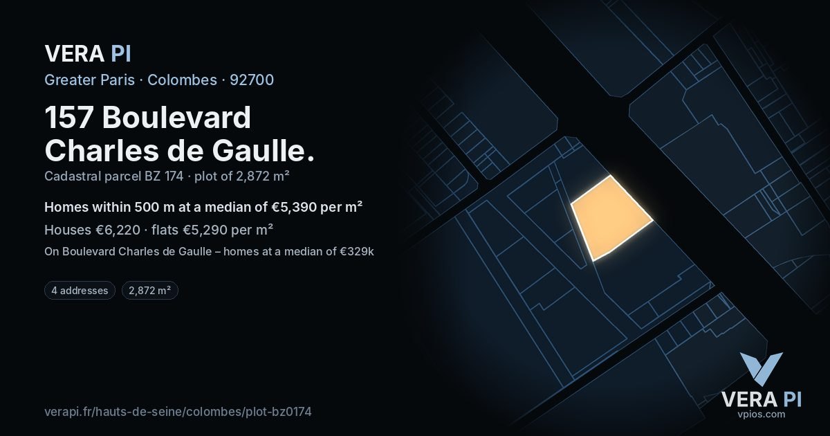 157 Boulevard Charles de Gaulle, Colombes at night – the plot lit, the parcels around coloured by the prices near them