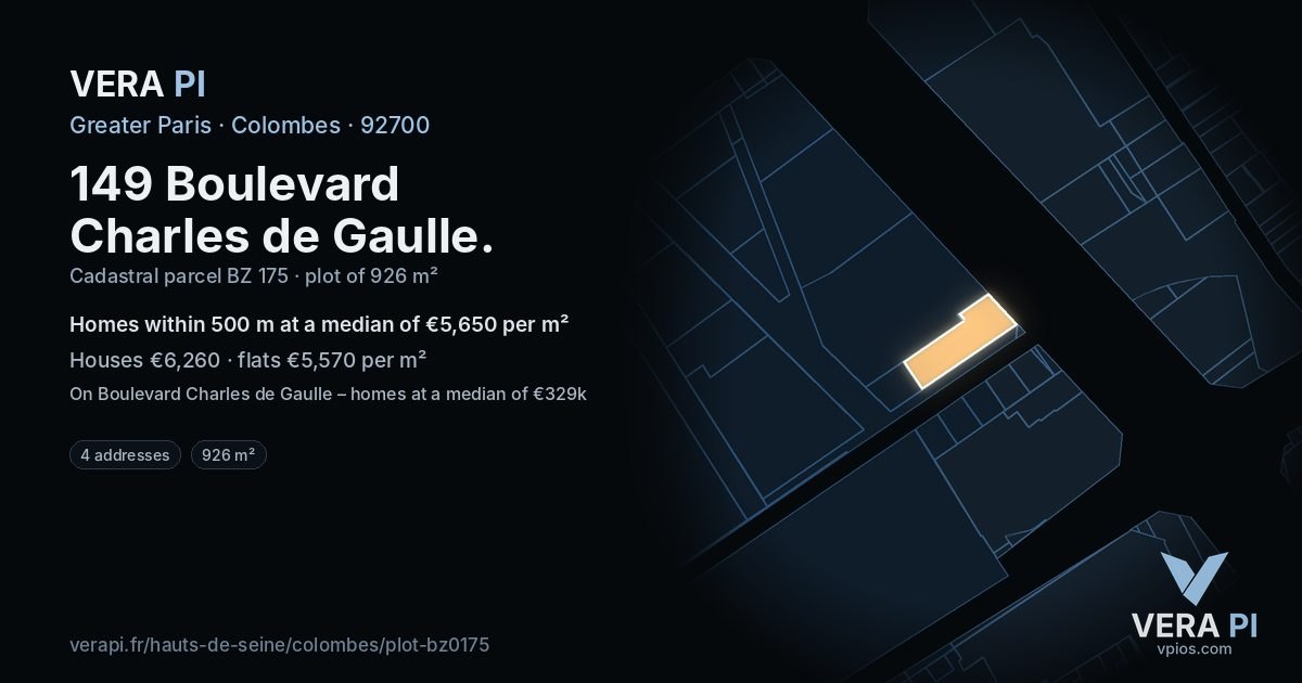 149 Boulevard Charles de Gaulle, Colombes at night – the plot lit, the parcels around coloured by the prices near them