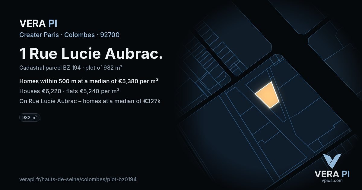 1 Rue Lucie Aubrac, Colombes at night – the plot lit, the parcels around coloured by the prices near them