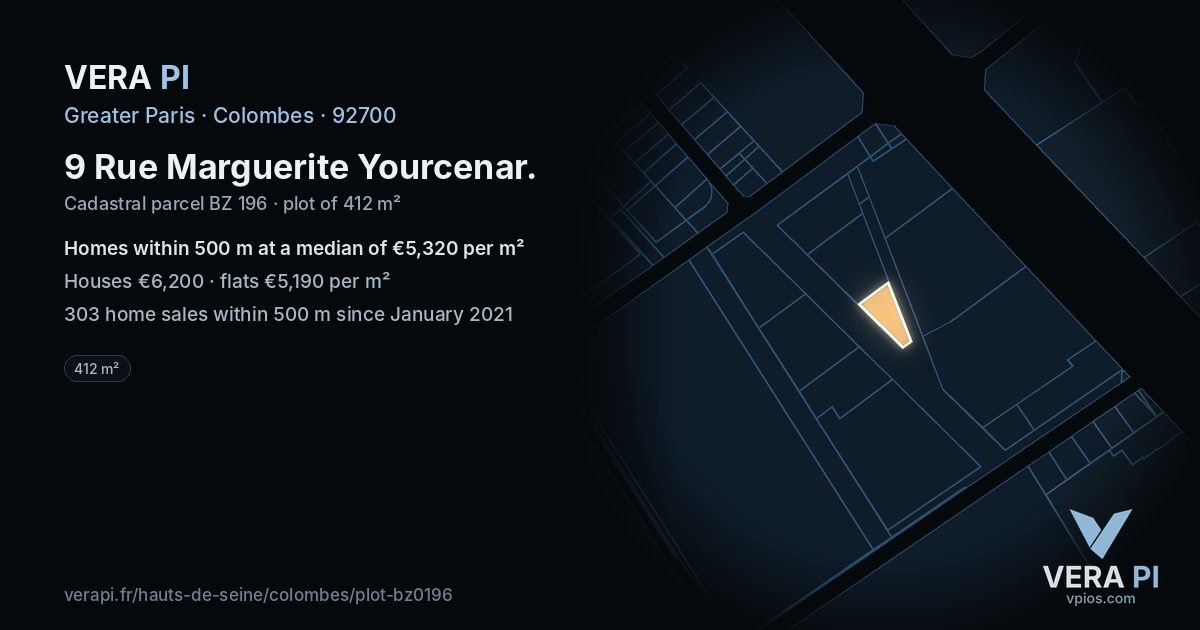 9 Rue Marguerite Yourcenar, Colombes at night – the plot lit, the parcels around coloured by the prices near them