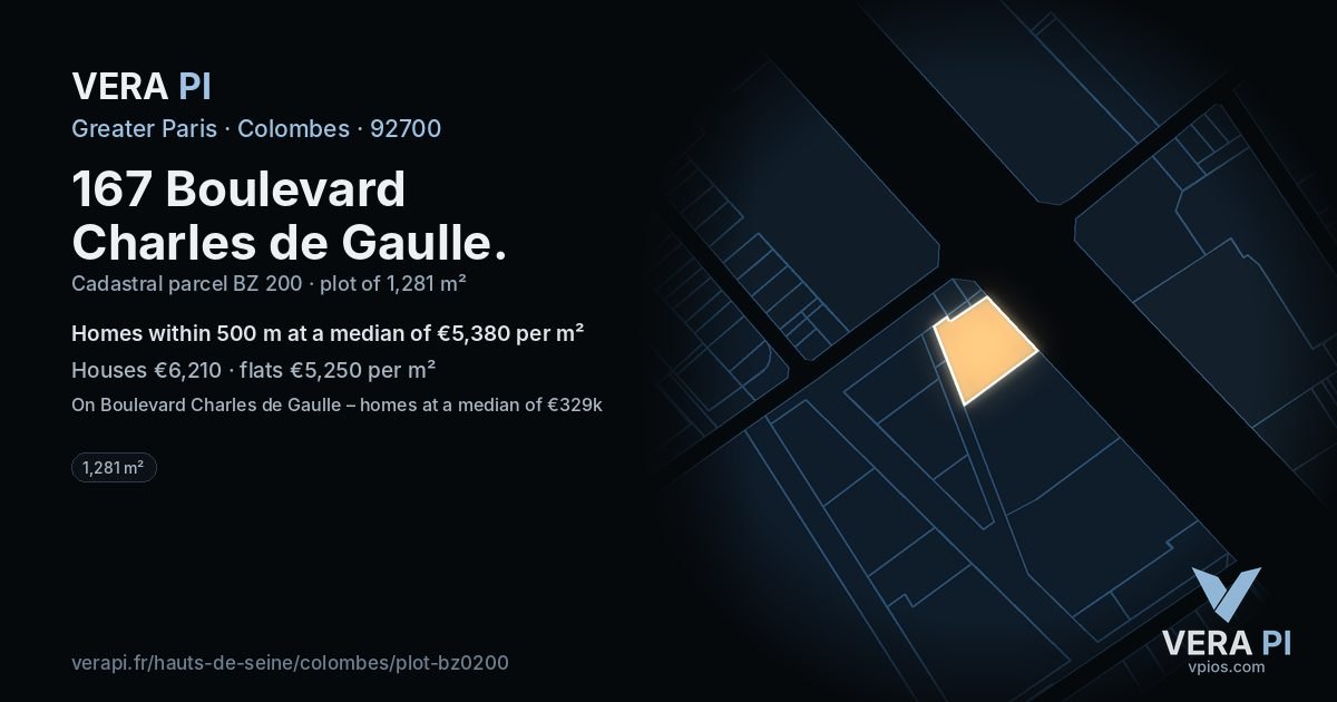 167 Boulevard Charles de Gaulle, Colombes at night – the plot lit, the parcels around coloured by the prices near them