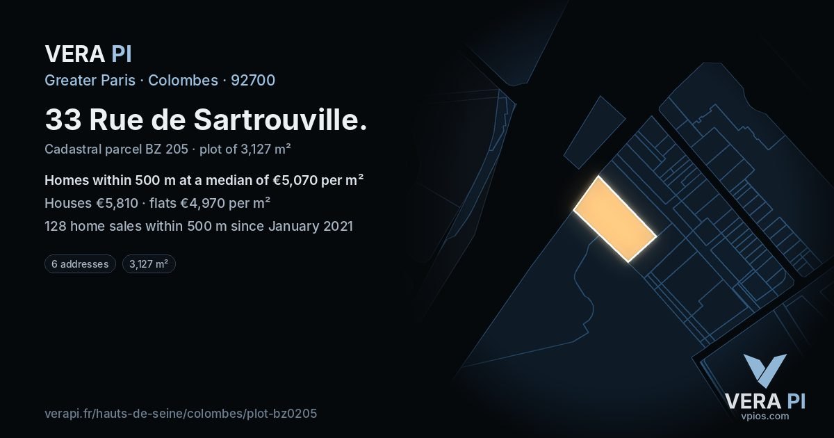 33 Rue de Sartrouville, Colombes at night – the plot lit, the parcels around coloured by the prices near them