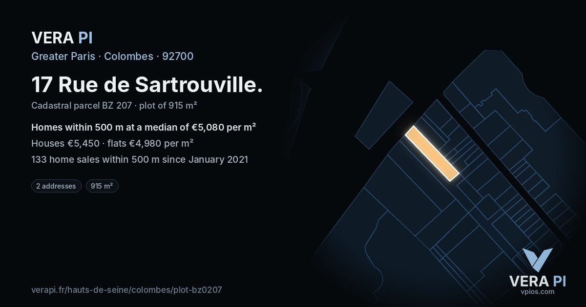 17 Rue de Sartrouville, Colombes at night – the plot lit, the parcels around coloured by the prices near them