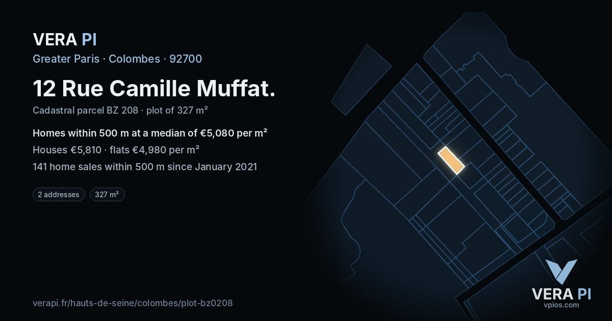 12 Rue Camille Muffat, Colombes at night – the plot lit, the parcels around coloured by the prices near them