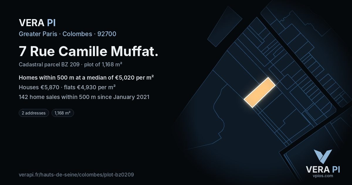 7 Rue Camille Muffat, Colombes at night – the plot lit, the parcels around coloured by the prices near them