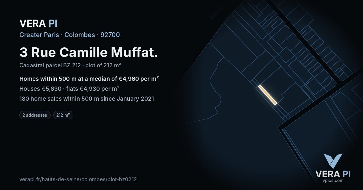 3 Rue Camille Muffat, Colombes at night – the plot lit, the parcels around coloured by the prices near them