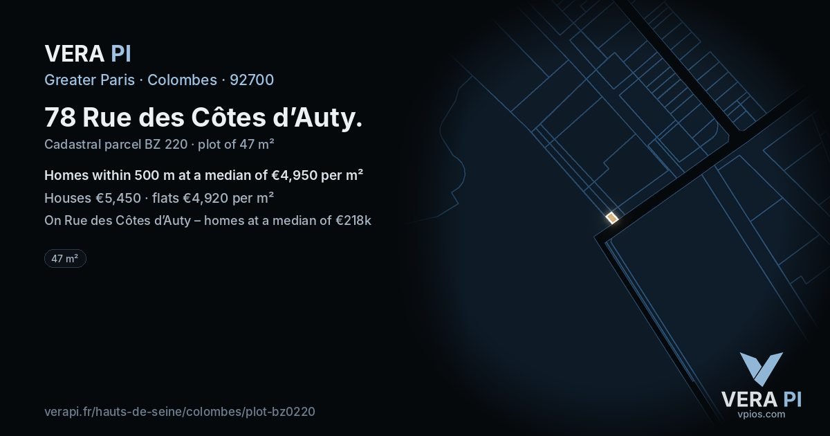 78 Rue des Côtes d’Auty, Colombes at night – the plot lit, the parcels around coloured by the prices near them