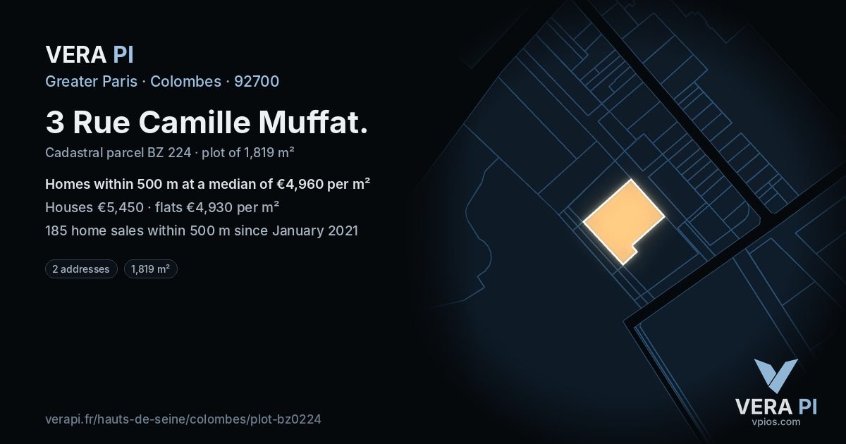 3 Rue Camille Muffat, Colombes at night – the plot lit, the parcels around coloured by the prices near them