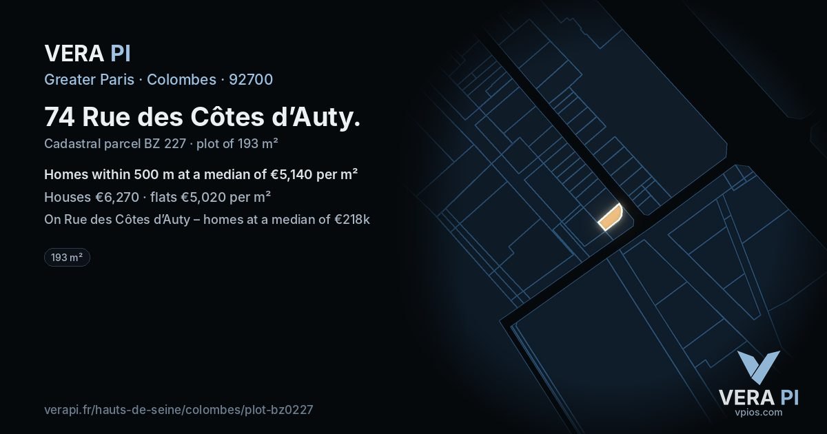 74 Rue des Côtes d’Auty, Colombes at night – the plot lit, the parcels around coloured by the prices near them