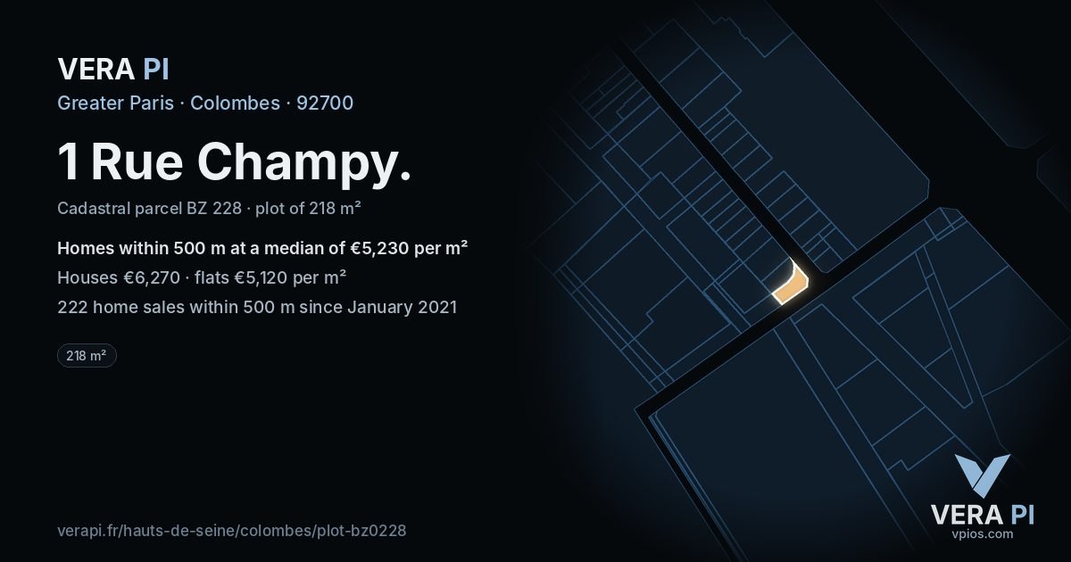 1 Rue Champy, Colombes at night – the plot lit, the parcels around coloured by the prices near them