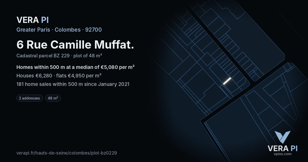 6 Rue Camille Muffat, Colombes at night – the plot lit, the parcels around coloured by the prices near them