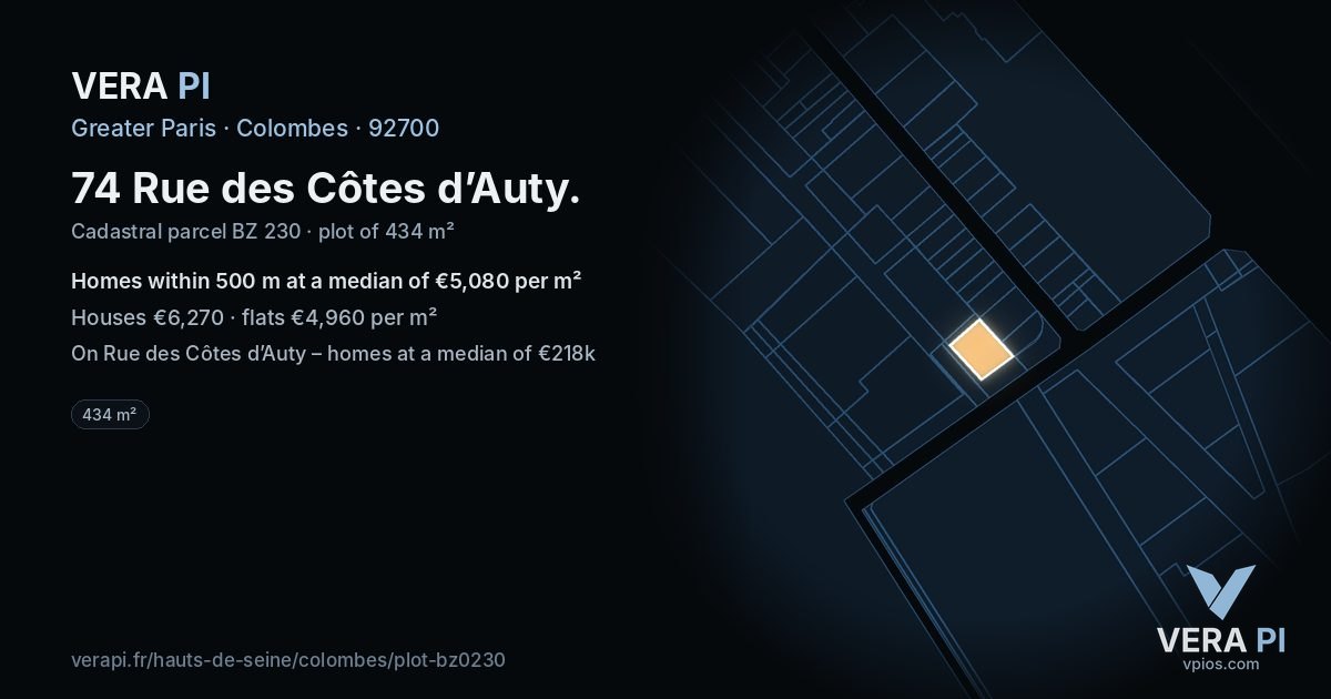 74 Rue des Côtes d’Auty, Colombes at night – the plot lit, the parcels around coloured by the prices near them