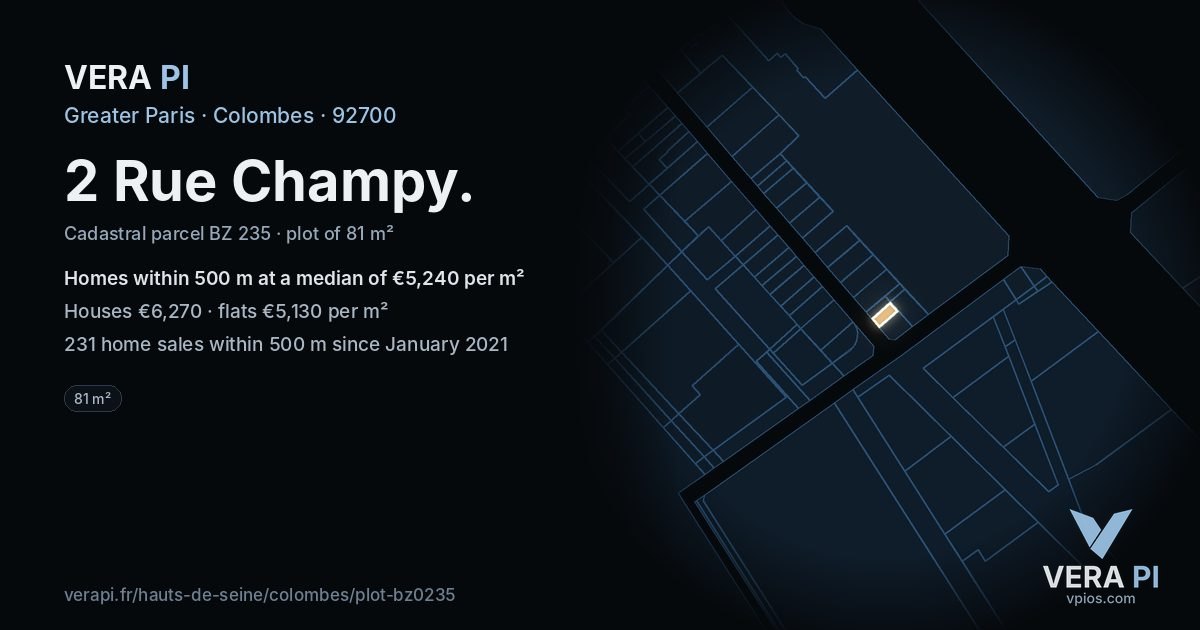 2 Rue Champy, Colombes at night – the plot lit, the parcels around coloured by the prices near them