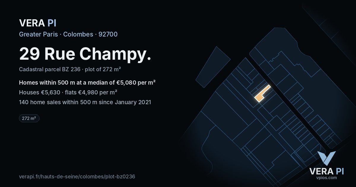 29 Rue Champy, Colombes at night – the plot lit, the parcels around coloured by the prices near them