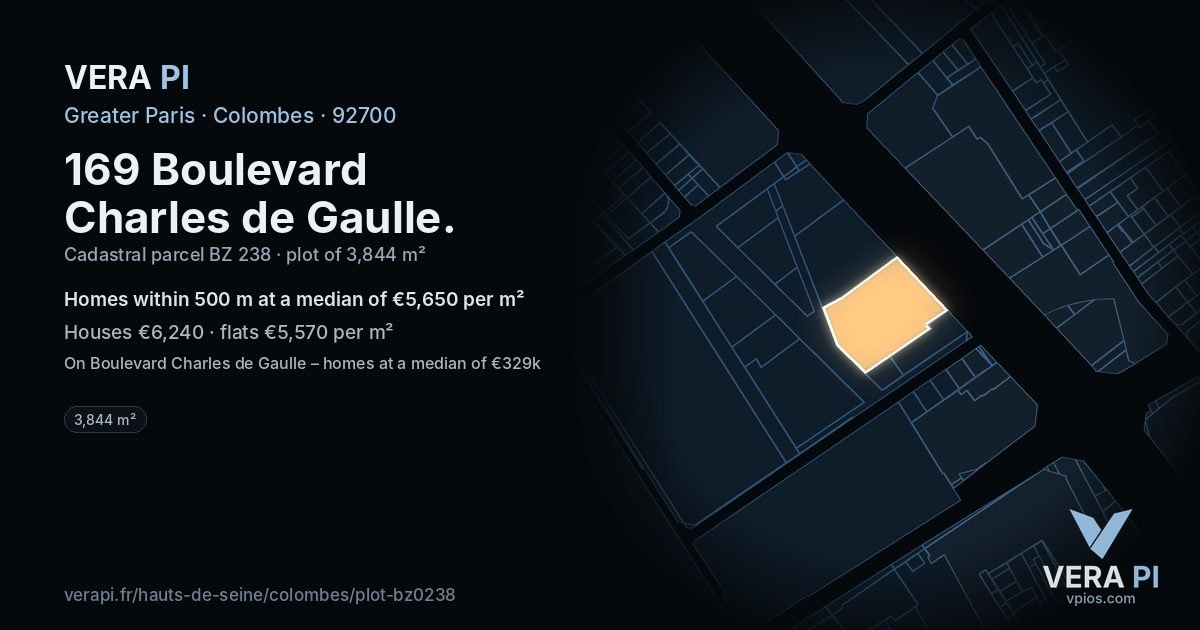 169 Boulevard Charles de Gaulle, Colombes at night – the plot lit, the parcels around coloured by the prices near them