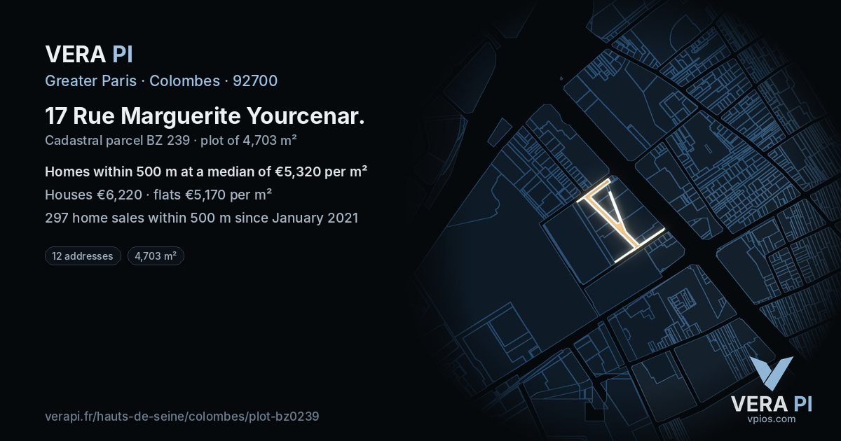 17 Rue Marguerite Yourcenar, Colombes at night – the plot lit, the parcels around coloured by the prices near them