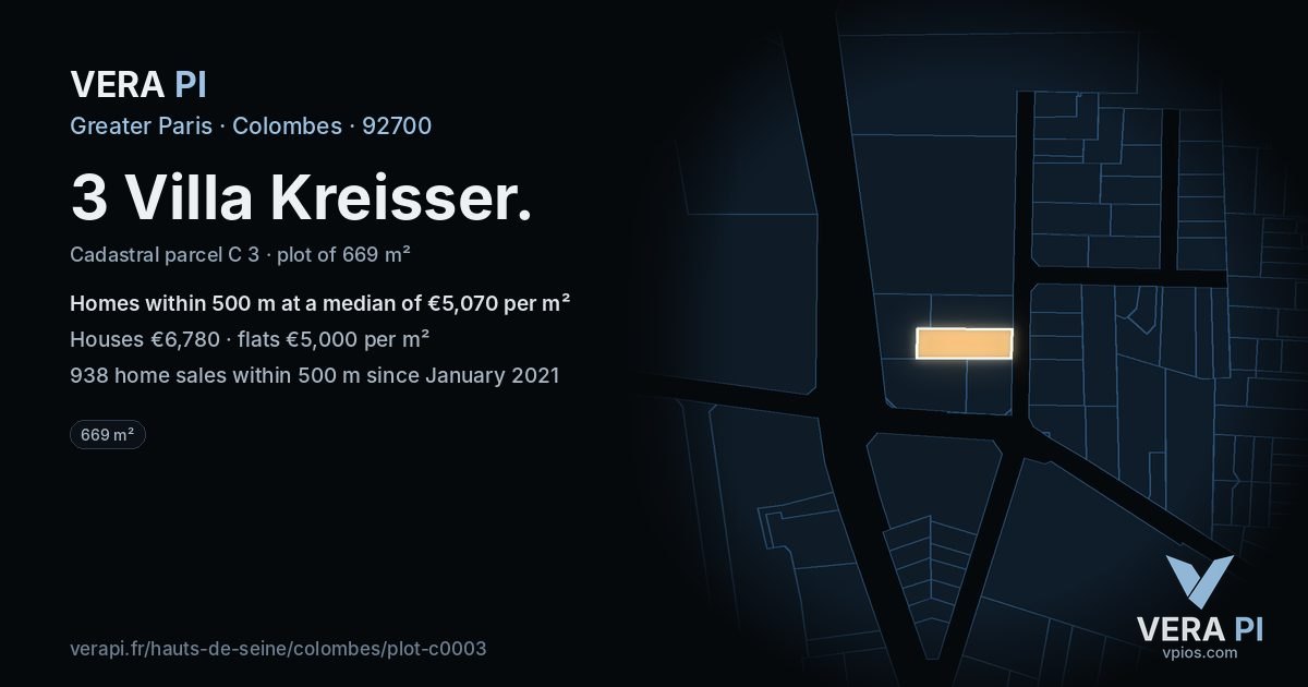 3 Villa Kreisser, Colombes at night – the plot lit, the parcels around coloured by the prices near them