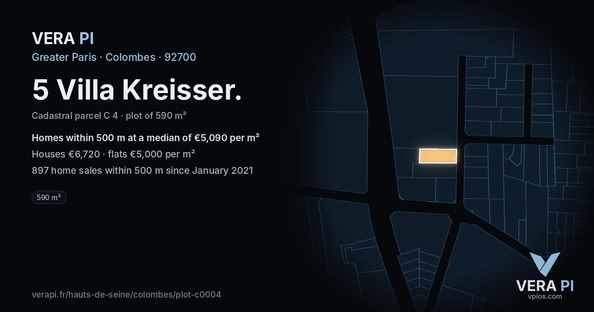 5 Villa Kreisser, Colombes at night – the plot lit, the parcels around coloured by the prices near them