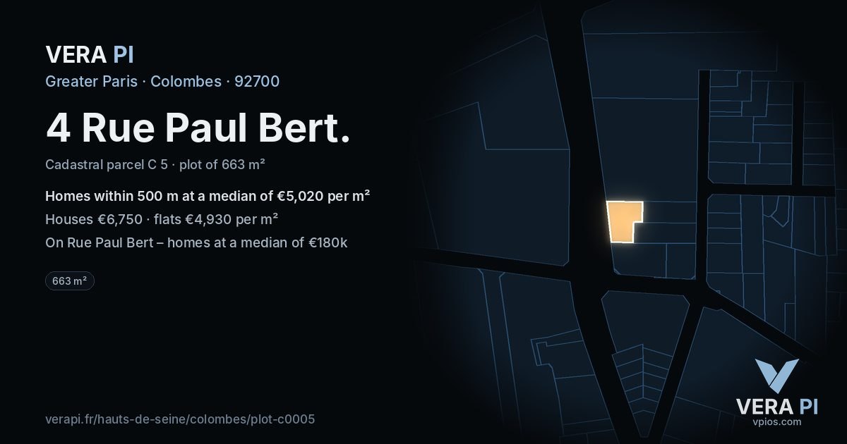 4 Rue Paul Bert, Colombes at night – the plot lit, the parcels around coloured by the prices near them
