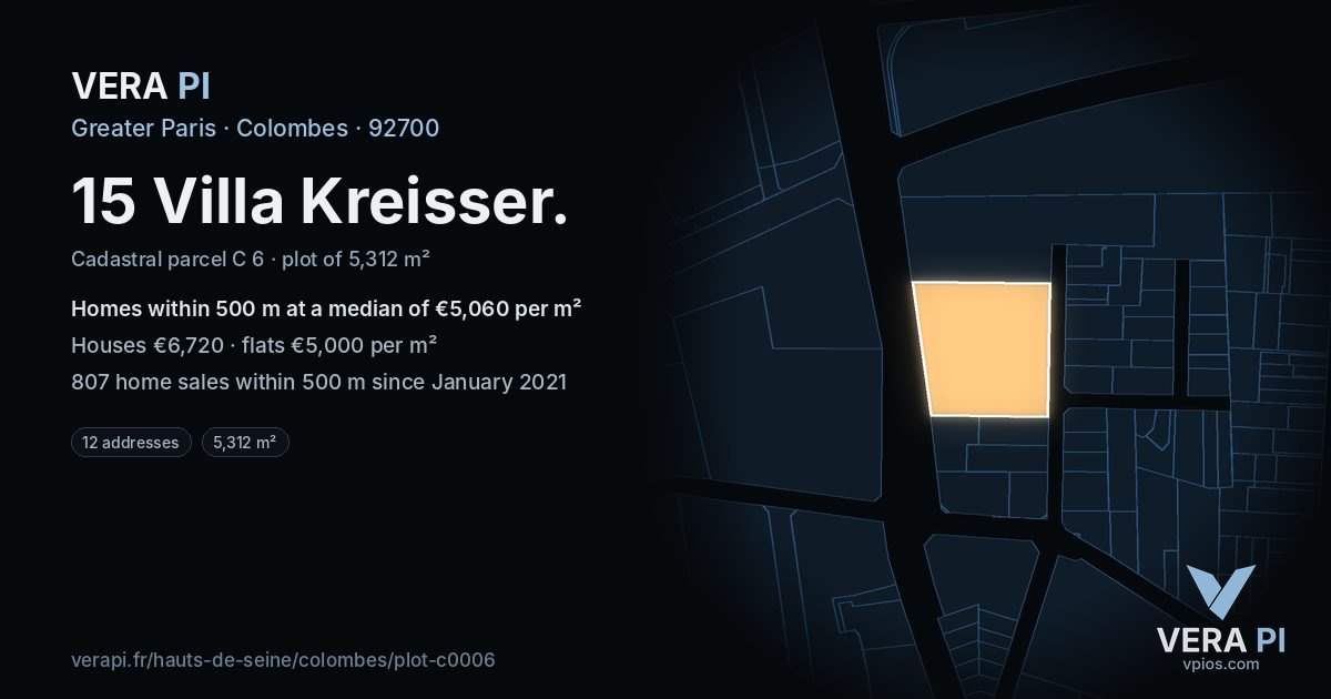 15 Villa Kreisser, Colombes at night – the plot lit, the parcels around coloured by the prices near them