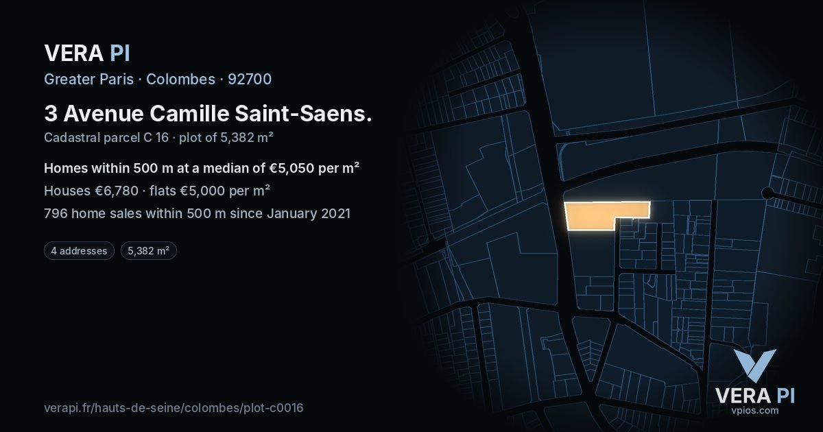 3 Avenue Camille Saint-Saens, Colombes at night – the plot lit, the parcels around coloured by the prices near them