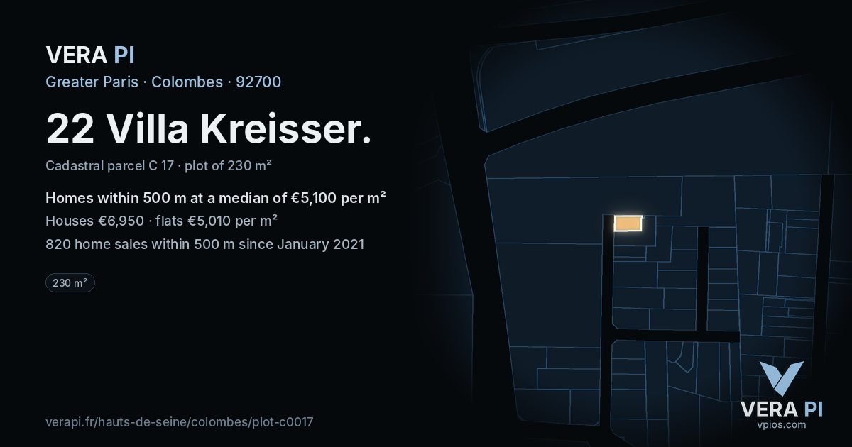22 Villa Kreisser, Colombes at night – the plot lit, the parcels around coloured by the prices near them