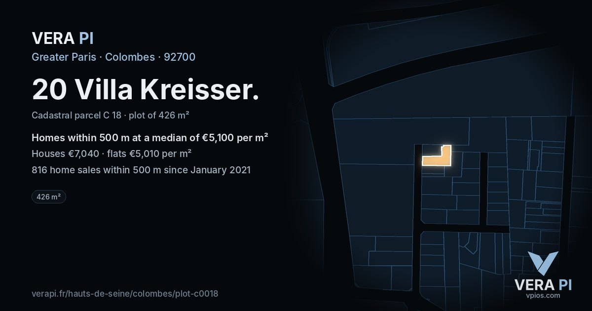 20 Villa Kreisser, Colombes at night – the plot lit, the parcels around coloured by the prices near them