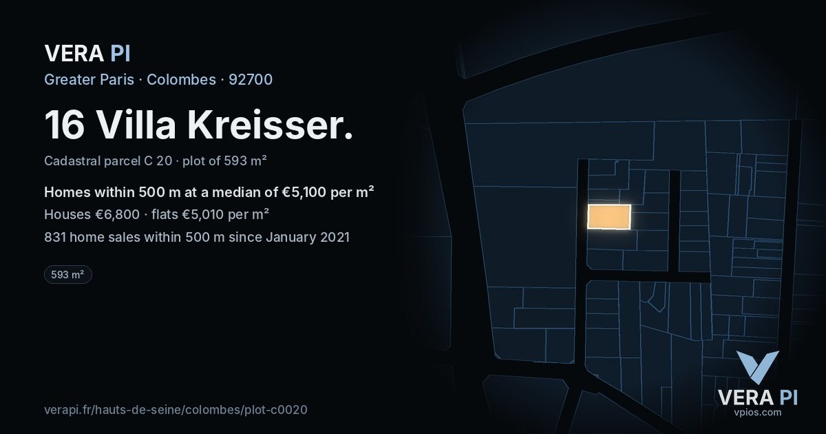 16 Villa Kreisser, Colombes at night – the plot lit, the parcels around coloured by the prices near them