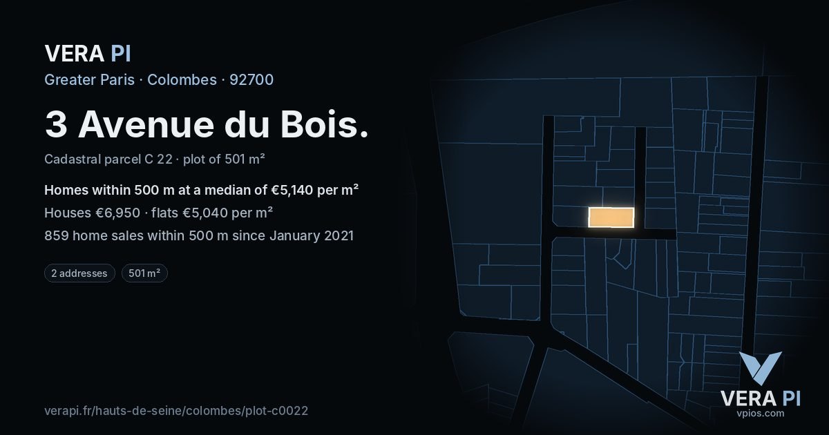 3 Avenue du Bois, Colombes at night – the plot lit, the parcels around coloured by the prices near them