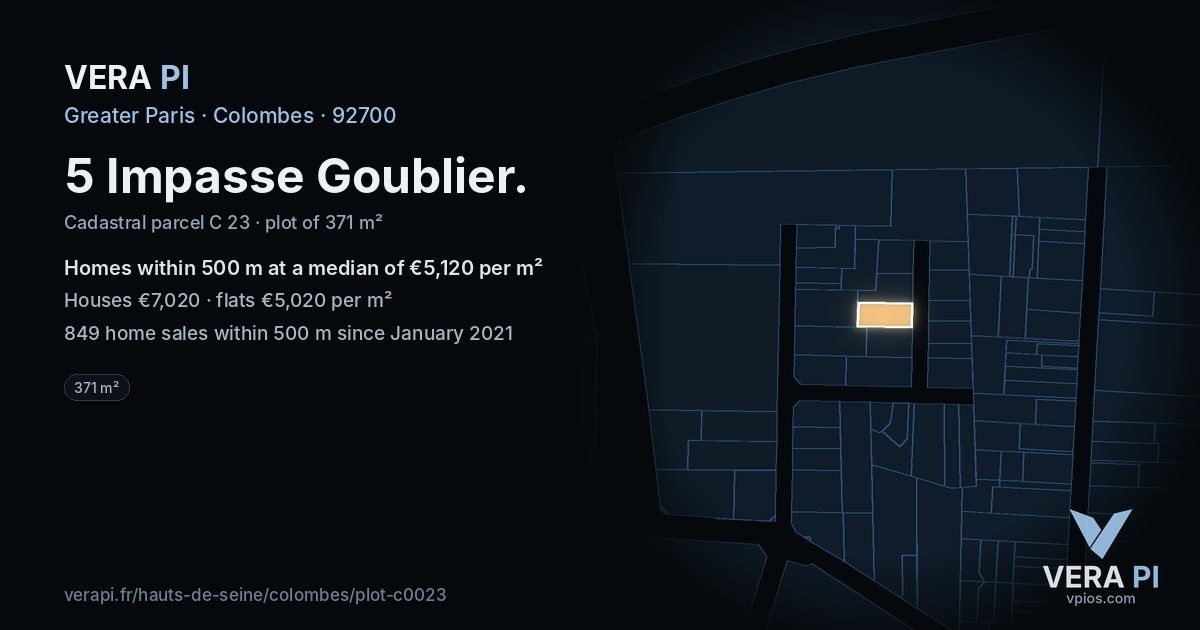 5 Impasse Goublier, Colombes at night – the plot lit, the parcels around coloured by the prices near them