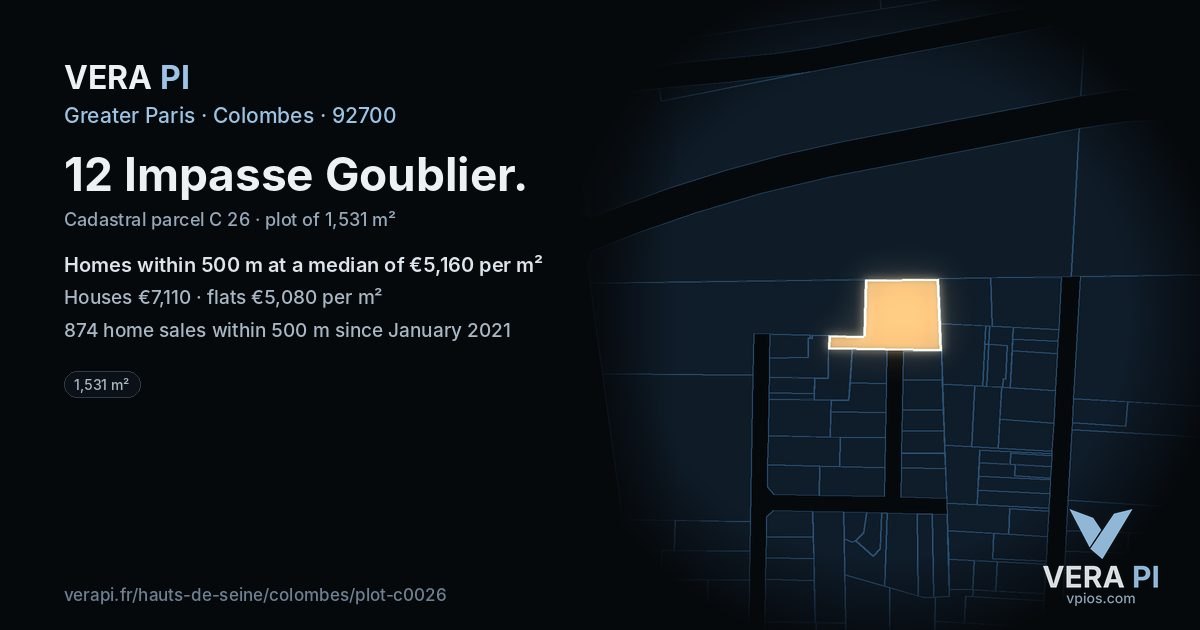 12 Impasse Goublier, Colombes at night – the plot lit, the parcels around coloured by the prices near them