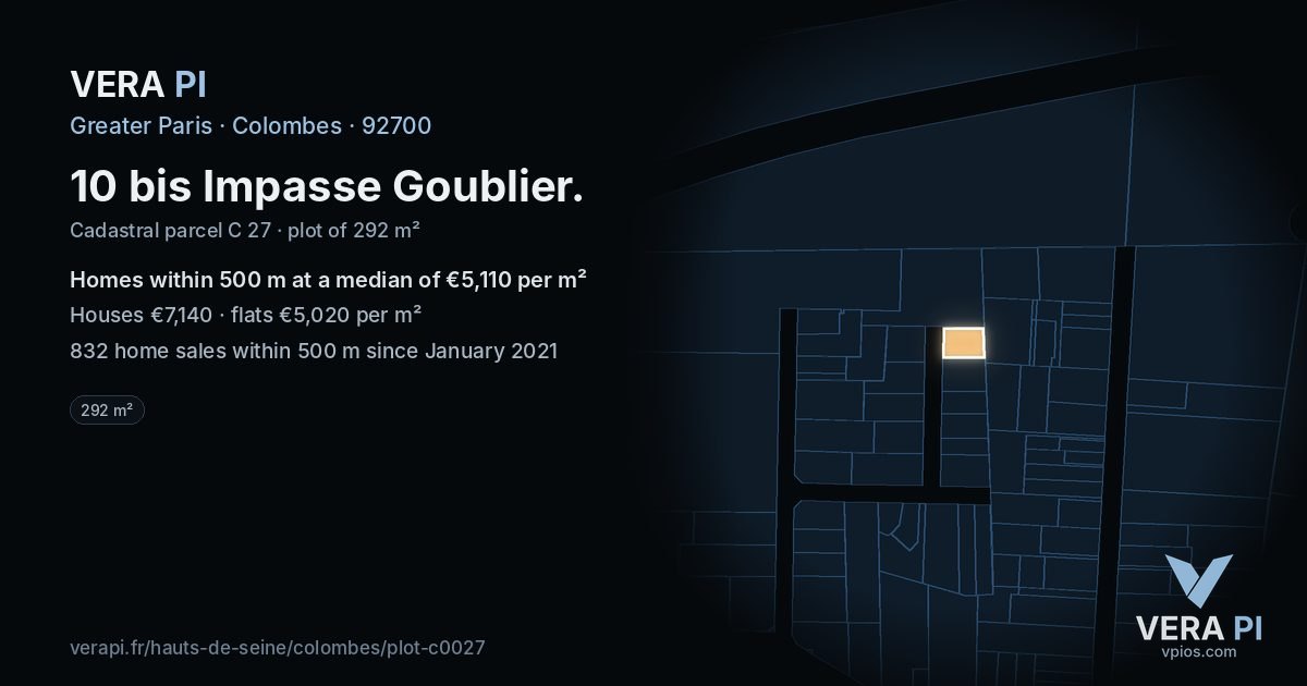 10 bis Impasse Goublier, Colombes at night – the plot lit, the parcels around coloured by the prices near them
