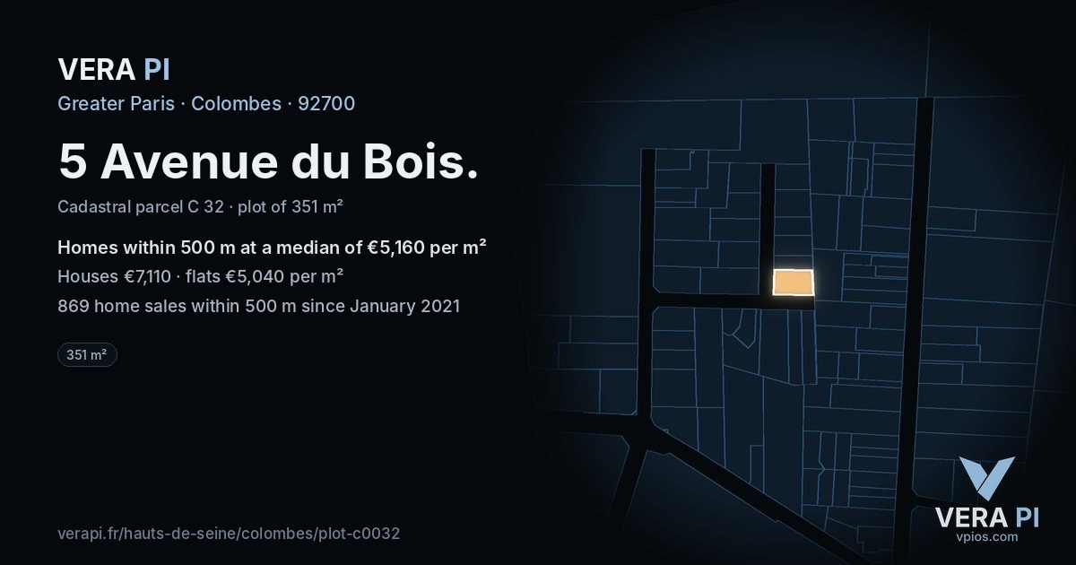 5 Avenue du Bois, Colombes at night – the plot lit, the parcels around coloured by the prices near them