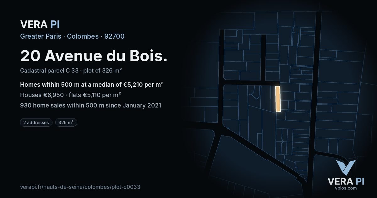 20 Avenue du Bois, Colombes at night – the plot lit, the parcels around coloured by the prices near them
