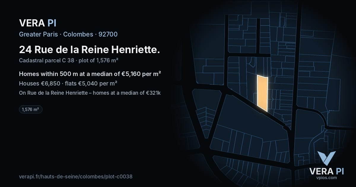 24 Rue de la Reine Henriette, Colombes at night – the plot lit, the parcels around coloured by the prices near them