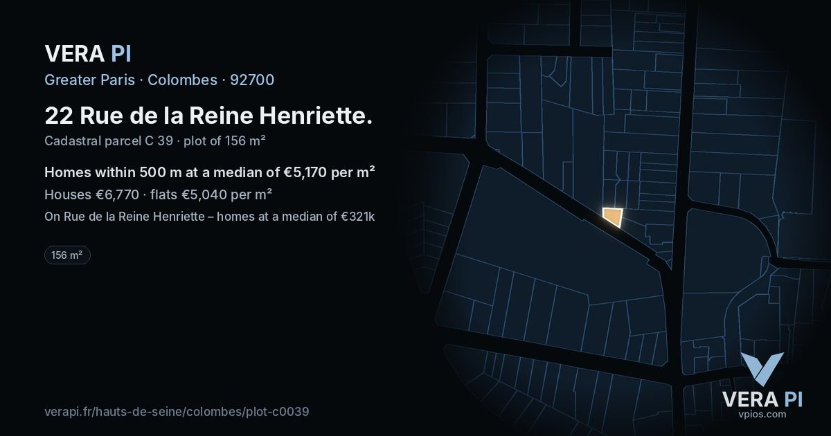 22 Rue de la Reine Henriette, Colombes at night – the plot lit, the parcels around coloured by the prices near them