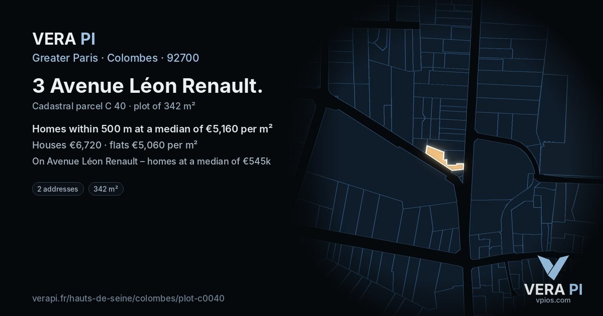 3 Avenue Léon Renault, Colombes at night – the plot lit, the parcels around coloured by the prices near them
