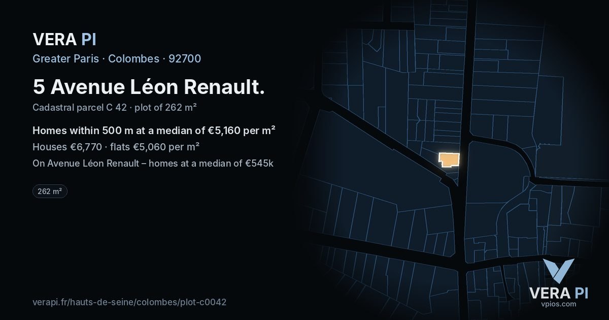 5 Avenue Léon Renault, Colombes at night – the plot lit, the parcels around coloured by the prices near them