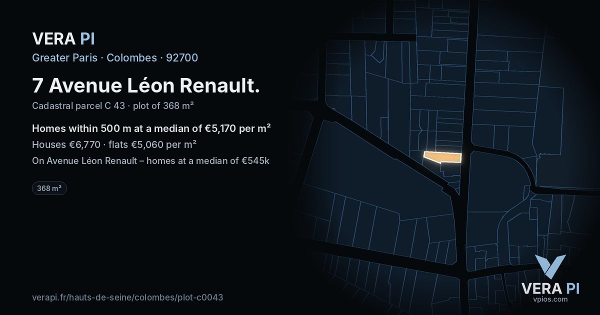7 Avenue Léon Renault, Colombes at night – the plot lit, the parcels around coloured by the prices near them