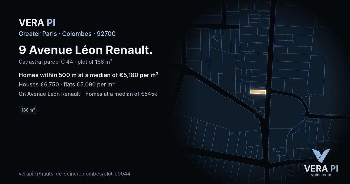 9 Avenue Léon Renault, Colombes at night – the plot lit, the parcels around coloured by the prices near them