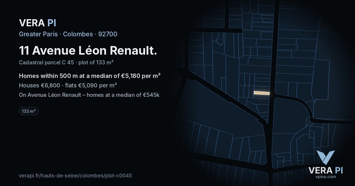 11 Avenue Léon Renault, Colombes at night – the plot lit, the parcels around coloured by the prices near them