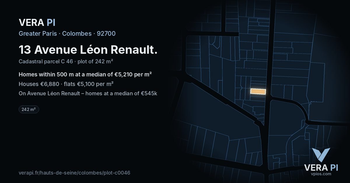 13 Avenue Léon Renault, Colombes at night – the plot lit, the parcels around coloured by the prices near them