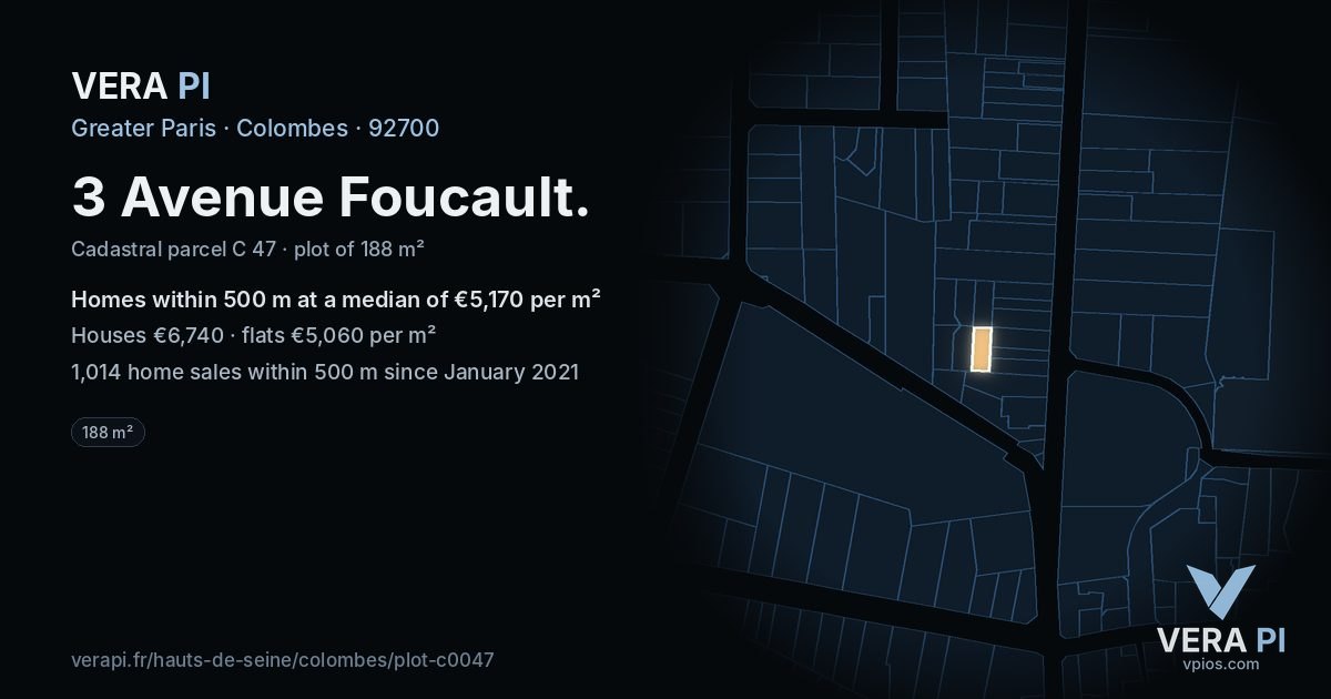 3 Avenue Foucault, Colombes at night – the plot lit, the parcels around coloured by the prices near them