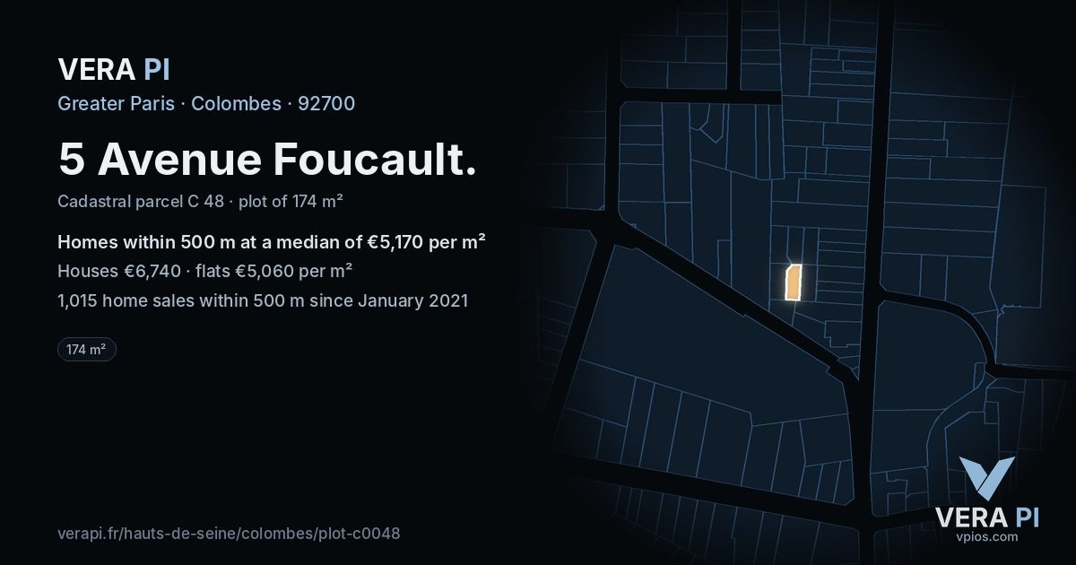 5 Avenue Foucault, Colombes at night – the plot lit, the parcels around coloured by the prices near them